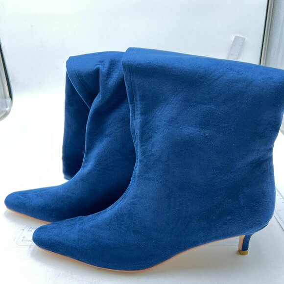 Navy Women Square Toe Knee High Boot Slip On Kitten Low Heel Elegant Winter Shoe - Picture 4 of 8